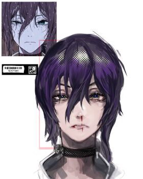 1girl artist_name black_choker blood chainsaw_man choker closed_mouth green_eyes grenade_pin hair_between_eyes highres looking_at_viewer nosebleed piro_(piropoi) purple_hair reference_inset reze_(chainsaw_man) solo white_background