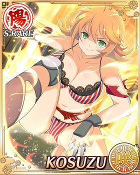 1girl ahoge aura border bra breasts card_(medium) character_name cleavage closed_mouth english_text game_cg green_eyes knee_pads kosuzu_(senran_kagura) kunai lace lace_bra large_breasts medium_hair navel official_alternate_costume official_art on_one_knee orange_hair panties red_panties senran_kagura senran_kagura_new_wave serious skindentation smile solo striped_bra striped_clothes striped_panties torn_clothes underwear weapon