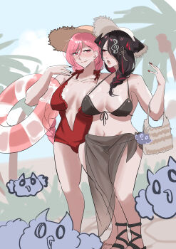 Rule 34 | 2girls, absurdres, beach, bikini, black bikini, black hair, black nails, braid, braided ponytail, breasts, cleavage cutout, clothing cutout, collarbone, demon horns, gladiator sandals, hair over one eye, hat, highres, holding, holding swim ring, hololive, hololive english, horns, innertube, jailbird (nerissa ravencroft), large breasts, long hair, looking at another, mama mori, mamarissa, mature female, multicolored hair, multiple girls, navel, one-piece swimsuit, palm tree, pink hair, red eyes, red hair, red one-piece swimsuit, sandals, set7, side braid, streaked hair, sun hat, swim ring, swimsuit, tree, virtual youtuber