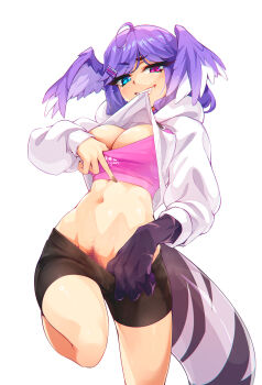 1girl bike_shorts black_shorts blue_eyes breasts clothes_lift colored_pubic_hair commentary female_pubic_hair head_wings heterochromia highres jacket jacket_lift large_breasts lifting_own_clothes looking_at_viewer mouth_hold navel nijisanji nijisanji_en pink_eyes pubic_hair pubic_hair_peek pulling_own_clothes purple_hair purple_pubic_hair purple_wings ricegnat selen_tatsuki selen_tatsuki_(casual) shorts simple_background smile solo standing standing_on_one_leg stomach sweat tail thighs virtual_youtuber white_background white_jacket wings