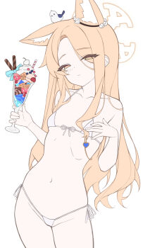 1girl alternate_costume animal animal_ear_fluff animal_ears animal_on_head bikini bird bird_on_head blonde_hair blue_archive breasts closed_mouth collarbone commentary_request cross_halo ear_wreath extra_ears floppy_ears flower flower_wreath food forehead fox_ears fox_girl fruit hair_flower hair_ornament hair_over_shoulder half-closed_eyes halo hands_up highres holding holding_food ice_cream infinity_(kkx132) loli long-tailed_tit long_hair looking_at_viewer micro_bikini missing_tail navel on_head parfait seia_(blue_archive) side-tie_bikini_bottom simple_background small_breasts solo strawberry string_bikini sundae swimsuit tit_(bird) very_long_hair wafer_stick white_background white_bikini yellow_eyes yellow_halo