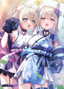 2girls absurdres animal_ear_fluff animal_ears animal_hands aqua_belt aqua_eyes aqua_hair belt black_choker blonde_hair blue_kimono blush breasts choker detached_sleeves dog_ears dog_girl floral_print flower fuwawa_abyssgard fuwawa_abyssgard_(new_year) garter_straps gloves hair_between_eyes hair_flower hair_ornament highres hololive hololive_english japanese_clothes kimono long_hair long_sleeves looking_at_viewer medium_breasts mococo_abyssgard mococo_abyssgard_(new_year) multicolored_hair multiple_girls official_alternate_costume official_alternate_hairstyle open_mouth paw_gloves pink_belt pink_eyes pink_hair pink_kimono siblings sisters sleeveless sleeveless_kimono smile tenmon_(tenmon0715) twins white_kimono