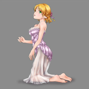 1girl alternate_costume barefoot blonde_hair breasts commentary_request dress flower full_body green_eyes grey_background hair_flower hair_ornament half_updo kanro-candy kneeling looking_at_viewer looking_to_the_side medium_breasts mizuhashi_parsee open_mouth pink_flower pink_rose pointy_ears purple_dress rose see-through_clothes see-through_dress short_hair simple_background soles solo strapless strapless_dress touhou