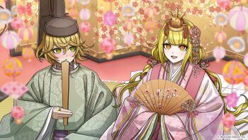 1boy 1girl :d :o absurdres arisugawa_saori blonde_hair blush copyright_notice folding_screen green_eyes hand_fan hat highres hinamatsuri holding holding_fan japanese_clothes jewelry karaginu_mo kimono layered_kimono long_hair looking_at_another looking_at_viewer official_art open_mouth orange_eyes ring shirokane_haru short_hair smile sokutai tate_eboshi tribe_nine twintails