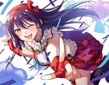 1girl :d \||/ balloon black_shoes blue_gem blue_hair blue_necktie blurry blurry_background blush boots breasts commentary_request confetti cowboy_shot dutch_angle earrings fingerless_gloves floating_hair foreshortening frilled_shirt frilled_skirt frilled_thigh_strap frills gem gloves gold_earrings hair_between_eyes hair_ribbon hairband half-closed_eyes happy heart_balloon highres idol jewelry knee_boots leg_up light_particles long_hair looking_at_viewer love_live! love_live!_school_idol_project medium_breasts miniskirt necktie one_eye_closed open_mouth outstretched_arm plaid_clothes plaid_skirt pointing pointing_at_viewer red_gloves red_hairband red_skirt ribbon shirt shoes short_sleeves skirt smile solo sonoda_umi suspender_skirt suspenders thigh_strap tohyama_shage yellow_eyes