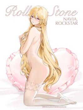1girl ass blonde_hair blue_eyes character_name commentary cover covering_breasts covering_privates english_commentary fake_magazine_cover from_side genshin_impact heart heart-shaped_pillow highres kneeling long_hair magazine_cover navia_(genshin_impact) nevercrymoon no_shoes nude paid_reward_available parody pillow soles solo thighhighs thighs toes very_long_hair white_thighhighs