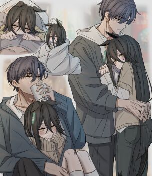 1boy 1girl absurdres animal_ears black_hair black_pants blue_cardigan blush brown_sweater cardigan closed_mouth commentary_request grey_hair grey_jacket grey_shirt hair_between_eyes highres horse_ears horse_girl horse_tail hug jacket kneehighs leogust long_hair looking_at_viewer lying_on_person manhattan_cafe_(umamusume) pants pov shirt shirt_under_sweater short_hair sidelocks socks sweater tail textless_version trainer_(umamusume) umamusume under_covers white_shirt white_socks yellow_eyes