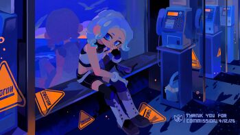 Rule 34 | 1girl, black gloves, black shorts, black thighhighs, blue eyes, blue hair, boots, cobii illu, commentary, commission, crop top, fingerless gloves, gloves, highres, indoors, jewelry, looking at viewer, medium hair, necklace, nintendo, octoling, octoling girl, octoling player character, payphone, phone, reflection, shorts, solo, splatoon (series), tentacle hair, thank you, thighhighs, untranslatable commentary, white boots, window
