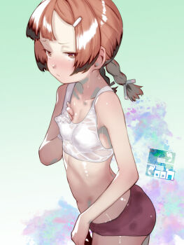1girl bra braid brown_hair closed_mouth from_side gradient_background green_background hair_ornament hairclip loli looking_at_viewer microsoft_paint_(medium) original panties raised_inner_eyebrows red_panties simple_background single_braid solo soon_(c-u-soon) sports_bra underwear underwear_only upper_body white_bra