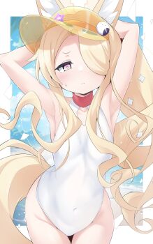 1girl above-cleavage_cutout animal_ear_fluff animal_ears armpits arms_behind_head arms_up blonde_hair blue_archive blush border breasts closed_mouth clothing_cutout collarbone covered_navel cowboy_shot day diamond_cutout fox_ears fox_girl fox_tail groin hair_over_one_eye halo highleg highleg_one-piece_swimsuit highres kirisaki_reina kyojiri_loli loli long_hair looking_at_viewer one-piece_swimsuit outdoors outside_border pink_eyes seia_(blue_archive) seia_(swimsuit)_(blue_archive) sidelocks small_breasts solo sweatdrop swimsuit tail very_long_hair visor_cap white_border white_one-piece_swimsuit yellow_visor_cap