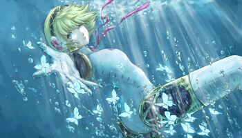 1girl absurdres aigis_(persona) air_bubble android artist_name blonde_hair blue_eyes bubble bug butterfly commentary from_side hair_between_eyes headphones highres insect looking_at_viewer merenta outstretched_hand persona persona_3 short_hair solo symbol-only_commentary underwater