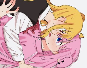 2girls ahoge black_sweater_vest blonde_hair blue_eyes blush bocchi_the_rock! bow bowtie commentary d3g_takahashi gotoh_hitori gotoh_hitori_(tsuchinoko) ijichi_nijika jacket long_hair multiple_girls open_mouth pink_hair pink_jacket purple_background red_bow red_bowtie red_eyes school_uniform shimokitazawa_high_school_uniform shirt side_ponytail simple_background sweater_vest white_shirt yuri