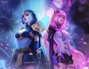 2girls arrow_(projectile) artist_name ashe_(league_of_legends) black_shorts black_shrug blue_eyes blue_hair blue_hood blue_skirt breasts cleavage crossover elf elysia_(honkai_impact) elysia_(miss_pink_elf)_(honkai_impact) emriikun falling_petals highres honkai_(series) honkai_impact_3rd league_of_legends lips long_hair medium_breasts multiple_girls petals pink_hair pointy_ears quiver shirt short_shorts shorts shrug_(clothing) skirt source_request very_long_hair white_shirt