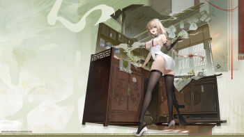 1girl absurdres architecture artist_request ass blonde_hair braid braided_ponytail breast_curtains breasts brown_eyes cabinet copyright_notice east_asian_architecture from_behind from_below garter_straps girls&#039;_frontline girls&#039;_frontline_2:_exilium gun hanging herb_bundle high_heels highres kitchen large_breasts official_alternate_costume official_art official_wallpaper qiuhua_(girls&#039;_frontline_2) second-party_source shotgun single_sleeve skindentation solo steam thighhighs type_97_shotgun type_97_shotgun_(girls&#039;_frontline) type_97_shotgun_(truth_serum_abuser)_(girls&#039;_frontline) weapon