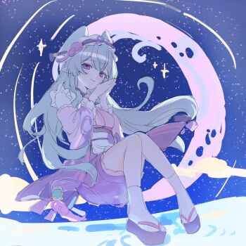 1girl absurdres bare_shoulders belt black_sandals blue_gem blue_hair blue_sky blush bow bow-shaped_hair breasts closed_mouth cloud cloudy_sky commentary_request crescent_moon detached_sleeves floating_clothes floating_hair frilled_hairband frills full_body gem genshin_impact hairband hands_up heart heart-shaped_pupils high-waist_skirt highres japanese_clothes kimono long_hair long_sleeves looking_at_viewer medium_breasts moon night outdoors palms_together pink_gem pink_hairband pink_kimono pink_pupils pink_sleeves pointy_ears purple_belt purple_bow purple_eyes purple_skirt roena sandals sash sitting skirt sky sleeveless sleeveless_kimono smile socks solo star_(sky) starry_sky symbol-shaped_pupils vision_(genshin_impact) white_sash white_socks wide_sleeves yumemizuki_mizuki