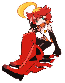 1girl :&lt; ahoge asymmetrical_gloves belt black_gloves blonde_hair boots clenched_hand collar commentary_request fiery_clothing fingerless_gloves freckles full_body gloves green_eyes hand_up highres huge_ahoge large_shoes leg_up mela_(pokemon) mismatched_gloves multicolored_hair nintendo oekipypy orange_belt orange_collar pokemon pokemon_sv red_boots red_hair shoes sleeveless solo thigh_boots two-tone_hair vest white_background white_vest