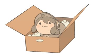 :3 box brown_hair brown_hat cardboard_box closed_mouth commentary english_commentary floral_print floral_print_hat hat in_box in_container open_box original packing_peanuts print_hat simple_background smile solo tem_loaf_(temmie_chang) temmie_chang temmie_chang_(character) white_background