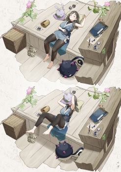 1girl absurdres arc_phone bag barefoot black_leggings black_sash blue_kimono blush book breasts brown_bag brown_hair brown_shoes cellphone closed_eyes closed_mouth commentary_request crate drawing_(object) eyelashes feet fingernails flower full_body gen_6_pokemon glassy0302 goomy hair_down hair_ornament hand_on_own_stomach highres hisuian_heavy_ball hisuian_qwilfish ink inkwell japanese_clothes kimono kuraishi_ringo_(glassy0302) leaf leggings leggings_under_shorts long_hair lying multiple_views nib_pen_(object) nintendo obi on_back original paper pen phone pillow pink_flower poke_ball pokedex pokemon pokemon_(creature) pokemon_legends:_arceus rope sash shoes shorts signature sleeping sleeveless sleeveless_kimono smartphone smile spikes split_mouth toenails toes unworn_hair_ornament unworn_shoes white_shorts wooden_floor