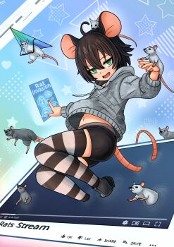 1girl ahoge animal animal_ears bike_shorts english_text female_focus green_eyes hair_between_eyes highres hood hoodie kaschmatz mouse_(animal) mouse_girl open_mouth original rats_(humanerodent) solo striped_clothes striped_thighhighs sweater tail thighhighs