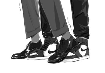 2boys 8d2suga9 black_socks dress_shoes greyscale highres kim_dokja monochrome motion_lines multiple_boys nike_(company) omniscient_reader&#039;s_viewpoint sexually_suggestive shoes sneakers socks standing tiptoes yoo_joonghyuk