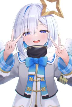 Rule 34 | 1girl, absurdres, aiguillette, amane kanata, amane kanata (1st costume), arms up, blue bow, blue hair, blush, bob cut, bow, colored inner hair, cropped jacket, double v, eyes visible through hair, grey jacket, halo, hashtag-only commentary, highres, hololive, jacket, long sleeves, looking at viewer, multicolored hair, omiyatei, open mouth, purple eyes, sailor collar, shirt, short hair, simple background, single hair intake, sleeves rolled up, smile, solo, star halo, teeth, turtleneck, turtleneck shirt, upper body, upper teeth only, v, virtual youtuber, white background, white hair, white sailor collar, white shirt, white wings, wings