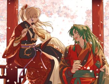 2boys archer_(fate/samurai_remnant) chinese_clothes chinese_hairpin closed_eyes commentary_request cup easel_(dam0628) falling_petals fate/samurai_remnant fate_(series) flute green_hair grey_hair hair_ornament half_updo hanfu high_ponytail highres holding holding_cup holding_flute holding_instrument instrument korean_commentary long_hair low-tied_sidelocks male_focus multiple_boys music open_mouth petals playing_flute playing_instrument ponytail red_hanfu sidelocks sitting smile tassel tassel_hair_ornament xiao_guan_(headdress) yellow_eyes zheng_chenggong_(fate)