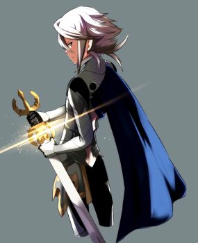 1boy blue_cape cape male_corrin_(fire_emblem) fire_emblem fire_emblem_fates from_behind holding holding_sword holding_weapon looking_at_viewer nintendo nyorotono sheath shine sidelocks solo sword unsheathing upper_body weapon white_hair