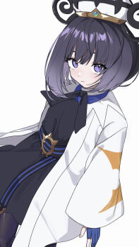 1girl belt belt_buckle black_dress black_pantyhose blue_gloves bob_cut buckle closed_mouth coat dress gloves gradient_hair gwynn_(pokemon) hat highres long_sleeves looking_at_viewer mega_stone multicolored_hair neco_neco_maru1 nintendo o-ring o-ring_belt open_clothes open_coat pantyhose partially_fingerless_gloves pokemon pokemon_legends:_z-a purple_eyes purple_hair short_hair solo white_background white_coat white_hat wide_sleeves