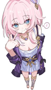 1girl breasts coat commentary_request cyrene_(honkai:_star_rail) cyrene_(philia093)_(honkai:_star_rail) downblouse dress from_above gladiator_sandals hair_ornament highres honkai:_star_rail honkai_(series) jewelry looking_at_viewer medium_breasts medium_hair multicolored_hair musical_note necklace pink_hair pointy_ears purple_coat sandals smile solo spoken_musical_note tarutaru428 toes two-tone_hair white_dress white_hair