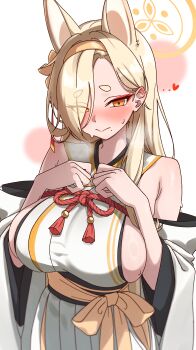 1girl absurdres animal_ears armpit_crease bare_shoulders blonde_hair blue_archive blush breast_suppress breasts closed_mouth commentary cowboy_shot detached_sleeves extra_ears eyes_visible_through_hair flower fox_ears fox_girl habomu_narim hair_flower hair_ornament hair_over_one_eye hairband hakama hakama_skirt halo hands_up heart heavy_breathing highres japanese_clothes kaho_(blue_archive) kimono large_breasts long_hair long_sleeves looking_at_viewer mole mole_under_mouth nose_blush orange_eyes orange_flower orange_hairband orange_halo rope shimenawa sideboob sideless_kimono simple_background skirt sleeveless sleeveless_kimono solo standing sweat tassel thick_eyebrows white_background white_hakama white_kimono wide_sleeves