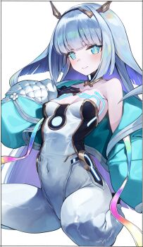 Rule 34 | 1girl, absurdres, aqua jacket, bare shoulders, black bodysuit, black choker, black gloves, blue eyes, blunt bangs, blunt ends, bodysuit, breasts, bright pupils, choker, commentary, eudie (shadowverse), gloves, hairband, highres, jacket, kei (soundcross), long hair, long sleeves, looking at viewer, shadowverse, shadowverse: worlds beyond, simple background, small breasts, solo, white background, white bodysuit, white hair, white pupils