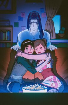 1girl 2boys absurdres bandaged_arm bandaged_hand bandages bodysuit boruto:_naruto_next_generations boruto_(series) bowl_cut flak_jacket ghost green_bodysuit highres hug hyuuga_neji jacket m0_mo_momo multiple_boys naruto_(series) ribbed_leg_warmers rock_lee scared tenten_(naruto) thick_eyebrows