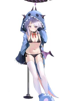 1girl absurdres bikini black_bikini black_halo blue_archive breasts demon_girl demon_horns demon_wings halo highres hina_(blue_archive) horns k2_(jack_lin) loli long_hair looking_at_viewer low_wings navel purple_eyes simple_background sitting small_breasts solo swimsuit thighhighs thighs white_background white_hair white_thighhighs wings