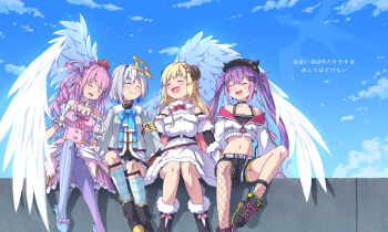 4girls ^_^ aki_(akisora_hiyori) amane_kanata amane_kanata_(1st_costume) angel angel_wings animal_ears black_boots black_dress black_hat black_shirt blonde_hair blue_pantyhose blue_sky boots closed_eyes commentary_request cropped_jacket dress fishnet_pantyhose fishnet_socks fishnets fur-trimmed_dress fur_trim hair_ornament hairpin halo hat highres himemori_luna himemori_luna_(1st_costume) holoforce hololive horns jacket long_hair midriff multiple_girls navel open_mouth outdoors pantyhose pink_dress pink_hair purple_hair sheep_ears sheep_girl sheep_horns shirt shoes shorts sidelocks sitting skirt sky smile socks star_halo tokoyami_towa tokoyami_towa_(1st_costume) tsunomaki_watame tsunomaki_watame_(1st_costume) twintails virtual_youtuber white_dress white_jacket wings