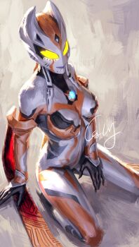 Rule 34 | 1girl, alien, arm between legs, arm support, black skin, breasts, carmeara, castlings, chinese commentary, color timer, colored skin, commentary, crystal, facial mark, forehead jewel, full body, giant, giantess, glowing, glowing eyes, gold skin, grey background, highres, horns, looking ahead, medium breasts, multicolored skin, no pupils, painterly, purple lips, signature, silver skin, sitting, solo, tokusatsu, tsurime, ultra series, ultraman trigger (series), wariza, yellow eyes