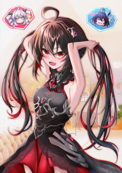 3girls :d absurdres adjusting_hair ahoge armpits black_dress blue_hair bob_cut bow bronya_zaychik closed_eyes closed_mouth commentary_request dress drill_hair grey_eyes grey_hair hair_ornament highres honkai_(series) honkai_impact_3rd long_hair miying_(13975192760) multiple_girls open_mouth red_bow red_eyes seele_(alter_ego) seele_vollerei seele_vollerei_(starchasm_nyx) short_hair sleeveless sleeveless_dress smile thumbs_up twin_drills twintails very_long_hair