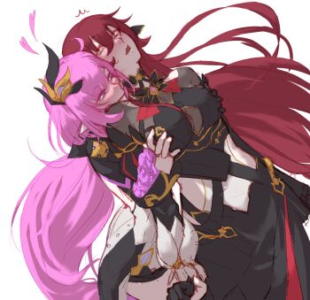 2girls black_dress black_gloves blue_eyes breasts brown_hair commentary dress eden_(honkai_impact) elysia_(honkai_impact) elysia_(miss_pink_elf)_(honkai_impact) fraisescrlt gloves grabbing_another&#039;s_breast grabbing_from_behind groping hair_ornament highres honkai_(series) honkai_impact_3rd large_breasts multiple_girls partially_fingerless_gloves pink_hair simple_background single_glove white_background yellow_eyes yuri