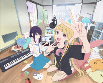 2girls black_shirt blonde_hair chou_kaguya-hime! computer green_eyes hair_bun headphones headphones_around_neck highres indoors instrument kaguya_(chou_kaguya-hime!) keyboard_(instrument) laptop looking_at_viewer microphone multiple_girls official_art open_mouth purple_hair red_eyes runami_yachiyo sakayori_iroha school_uniform shirt stuffed_toy sweat t-shirt third-party_source v white_background