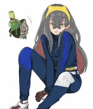 1girl :&lt; arm_support between_legs black_hair blue_gakuran blueberry_academy_school_uniform carmine_(pokemon) closed_mouth colored_inner_hair commentary_request crossed_bangs fanny_pack foot_out_of_frame gloves hair_between_eyes hairband hand_between_legs highres knee_up legs long_hair long_sleeves looking_at_viewer mole mole_under_eye multicolored_hair nintendo osushi_(puriketuosusi) pokemon pokemon_(creature) pokemon_sv red_gloves red_hair school_uniform shoes sinistcha sitting solo solo_focus two-tone_hair v_arms very_long_hair white_background yellow_bag yellow_eyes yellow_hairband