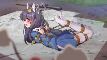 1girl 1other absurdres alicetrina animal_ears armband arms_behind_back ball_gag bdsm black_hair blue_archive blue_serafuku blue_shirt blue_skirt blurry blurry_foreground blush bolt_action bondage bound bound_ankles bound_arms bound_legs bound_torso bound_wrists bright_pupils crossed_wrists fake_animal_ears fang feet_up full_body gag green_neckerchief grey_halo gun halo highres hogtie holding_gag leaf leaf_on_head long_hair long_sleeves looking_at_viewer lying miyu_(blue_archive) mosin-nagant neckerchief no_shoes on_stomach open_mouth outdoors pantyhose pleated_skirt pov rabbit_ears red_eyes rifle school_uniform serafuku shibari shibari_over_clothes shirt skin_fang skindentation skirt sniper_rifle solo_focus unworn_gag weapon white_pantyhose white_pupils