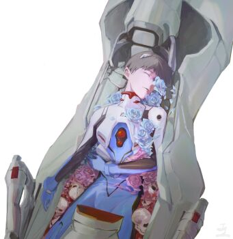 Rule 34 | 1boy, black hair, closed eyes, closed mouth, commentary request, highres, ikari shinji, interface headset (evangelion), jenmushroom, lying, male focus, mecha, mecha pilot suit, neon genesis evangelion, on back, plugsuit (evangelion), robot, short hair, solo