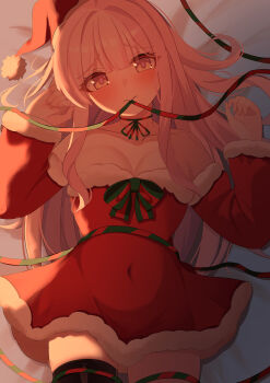 1girl absurdres alternate_costume black_thighhighs blue_archive blush breasts christmas cleavage closed_mouth collarbone commentary covered_navel dress english_commentary fur-trimmed_dress fur_trim hat highres kurenaiaoi0 long_hair long_sleeves lying medium_breasts mika_(blue_archive) on_back pink_hair red_dress santa_costume santa_dress santa_hat single_thighhigh solo strapless strapless_dress thighhighs yellow_eyes