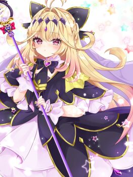 Rule 34 | 1girl, antenna hair, black bow, black dress, black necktie, blonde hair, bow, braid, brooch, commentary request, cure arcana shadow, dress, earrings, gloves, gradient hair, hair between eyes, hair intakes, hair ornament, half up braid, heart, heart brooch, highres, holding, holding rod, jewelry, long hair, looking at viewer, magical girl, meitantei precure!, moria luluka, multicolored hair, nanase nao, necktie, pink eyes, pink hair, precure, purple nails, purple thighhighs, purple veil, rod, shadow, solo, tear arcana rod, thighhighs, thighs, veil, wand, white gloves