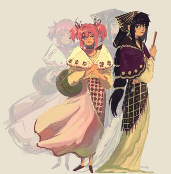 2girls akemi_homura alternate_costume bandana basket black_hair blouse choker commentary english_commentary filipino_clothes highres holding holding_pocket_watch kaname_madoka kerchief long_hair low-tied_long_hair mahou_shoujo_madoka_magica multiple_girls one_eye_closed pink_hair pink_skirt pocket_watch purple_bandana shirt sidelocks simple_background skirt twintails very_long_hair watch white_shirt yaeccia