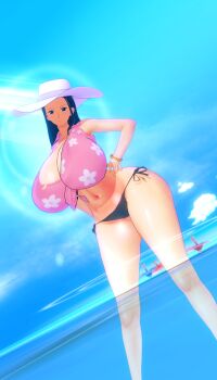 1girl 3d amk123 black_hair blue_eyes blue_sky breasts cleavage cloud hat highres huge_breasts large_breasts long_hair navel nico_robin ocean one_piece one_piece_film:_gold shirt sky tied_shirt water white_hat