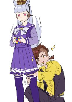 1boy 1girl alternate_legwear animal_ears black_pants blunt_bangs blush bow brown_eyes brown_hair candy closed_mouth commentary_request embarrassed food gold_ship_(umamusume) grey_hair hand_under_clothes hand_under_skirt highres horse_ears horse_girl horse_tail jacket lollipop nekoma_hikaru pants pink_eyes pleated_skirt purple_shirt purple_skirt purple_thighhighs rubik&#039;s_cube school_uniform shirt skirt sparkle sparse_stubble tail team_spica&#039;s_trainer thighhighs tracen_school_uniform trainer_(umamusume) umamusume v-shaped_eyebrows yellow_jacket