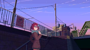 1girl animated animated_gif blue_sky brown_jacket building car evening falling_leaves gradient_sky hair_between_eyes jacket kuuchuu_roukaku leaf looping_animation motor_vehicle original outdoors pink_sky pleated_skirt power_lines railing red_hair scarf scenery skirt sky solo stairs star_(sky) starry_sky twintails wind