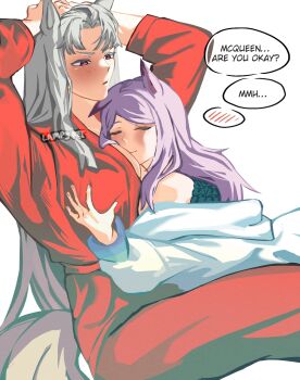 2girls animal_ears arms_up bathrobe between_breasts blush breasts closed_eyes closed_mouth coat commentary_request cuddling english_text face_between_breasts gold_ship_(umamusume) grabbing_another&#039;s_breast grey_hair groping head_between_breasts highres horse_ears horse_girl horse_tail lampy_uikoko large_breasts long_hair mejiro_mcqueen_(umamusume) multiple_girls purple_eyes purple_hair red_coat smile speech_bubble tail umamusume white_coat yuri