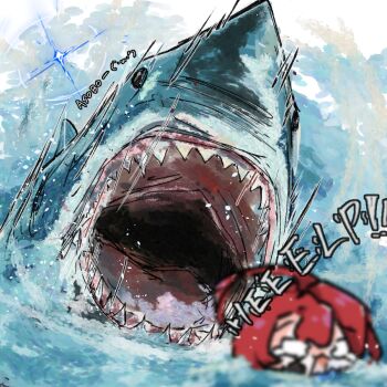 Rule 34 | 1girl, ahoge, chibi, elizabeth rose bloodflame, english text, hololive, hololive english, long hair, momomosu su, open mouth, red hair, shark, sharp teeth, swimming, tears, teeth, virtual youtuber