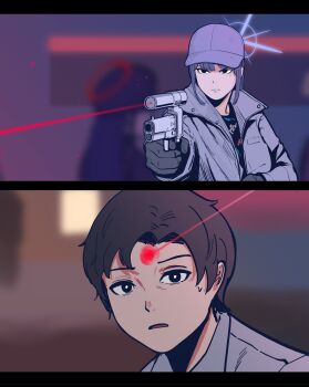 Rule 34 | 1boy, 1girl, absurdres, amt hardballer, amt hardballer longslide, baseball cap, black gloves, black hair, blue archive, blue eyes, blue hair, coat, commentary, gloves, grey coat, gun, halo, handgun, hat, highres, holding, holding gun, holding weapon, laser, laser pointer projection, laser sight, long hair, m1911, overcoat, parabellum, saori (blue archive), sensei (blue archive), sensei (blue archive the animation), short hair, terminator (series), the terminator, weapon